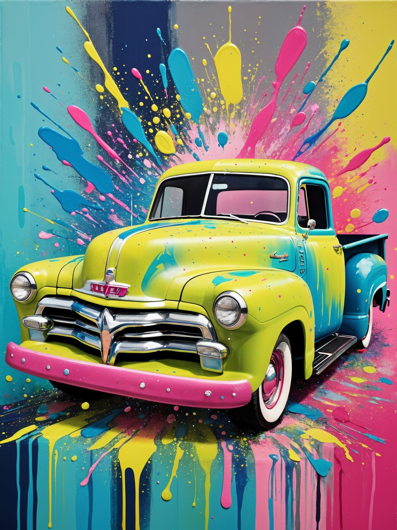 Vibrant Retro Pickup Truck with Colorful Background