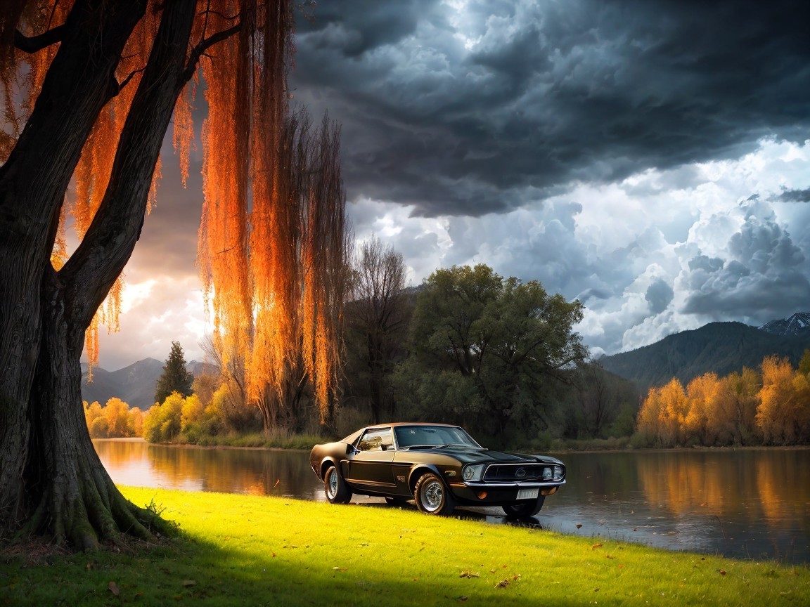 Classic Black Mustang by Serene River in Autumn
