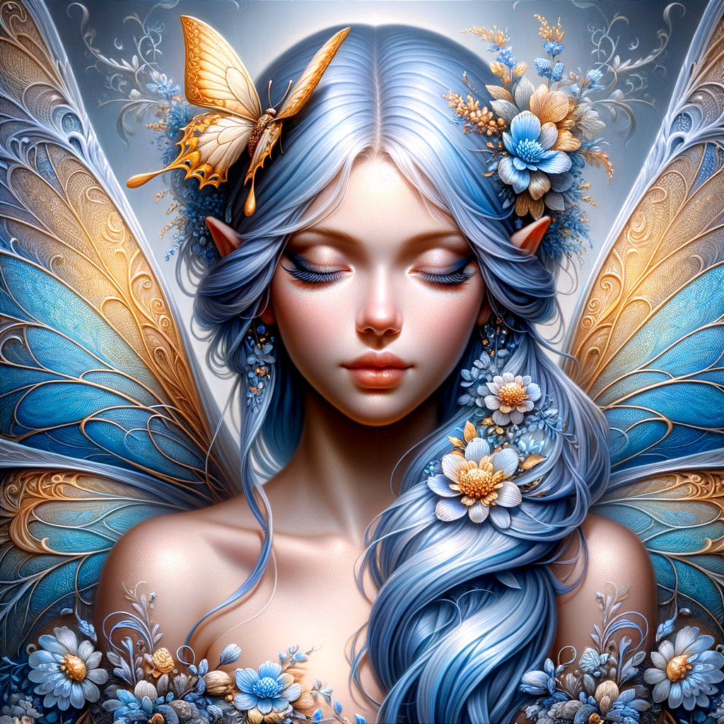 Ethereal Angelic Girl with Blue Hair and Wings
