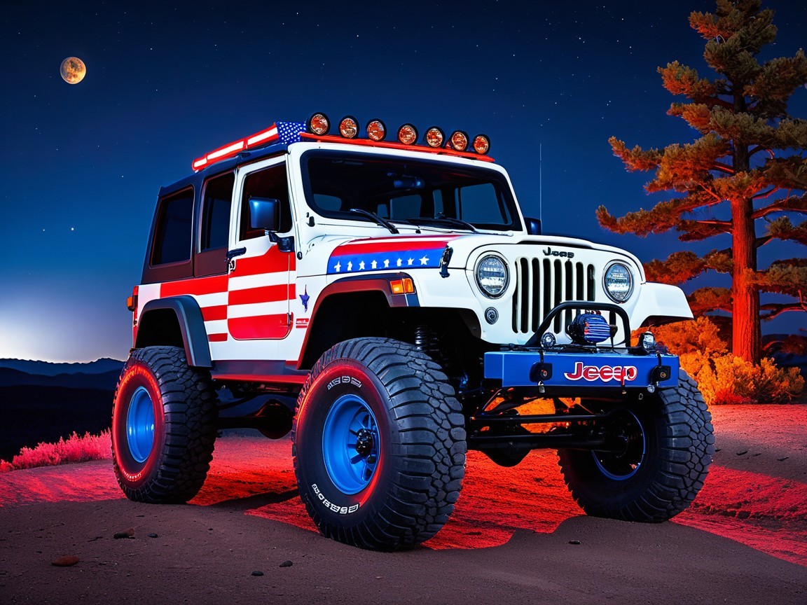 Modified Jeep with Patriotic Color Scheme at Twilight