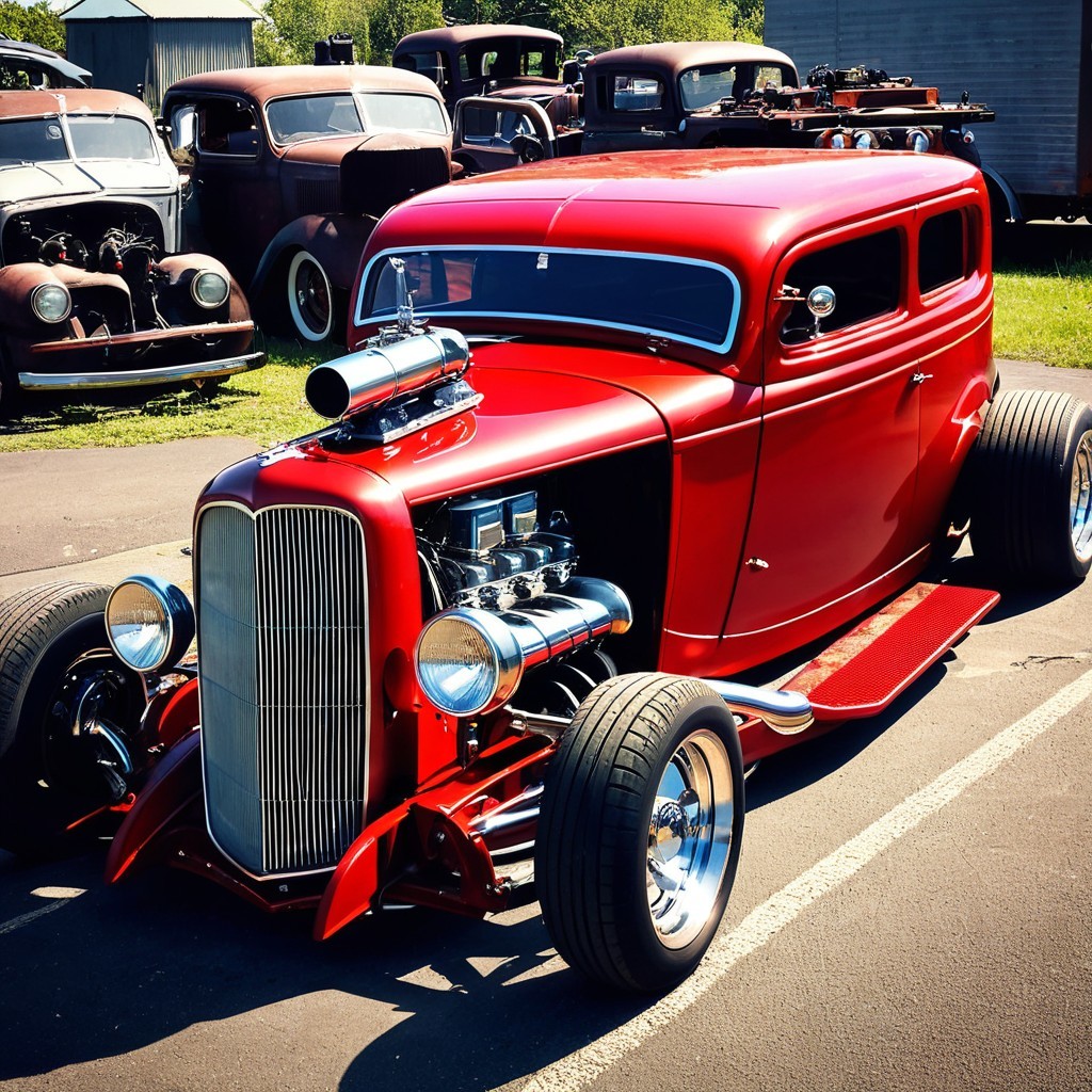 Classic Red Hot Rod with Chrome Details and Supercharger