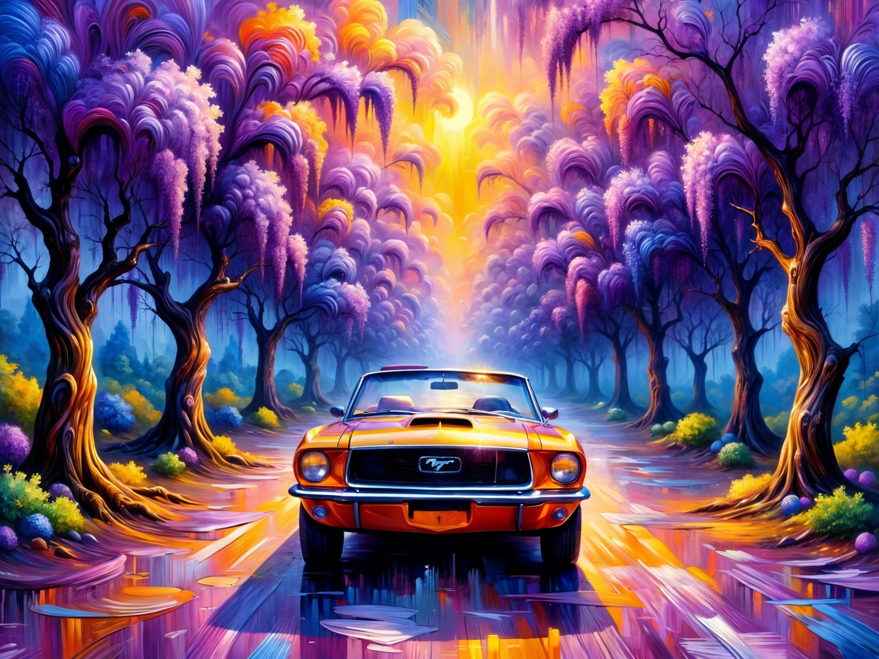 Surreal Landscape with Orange Convertible and Purple Trees