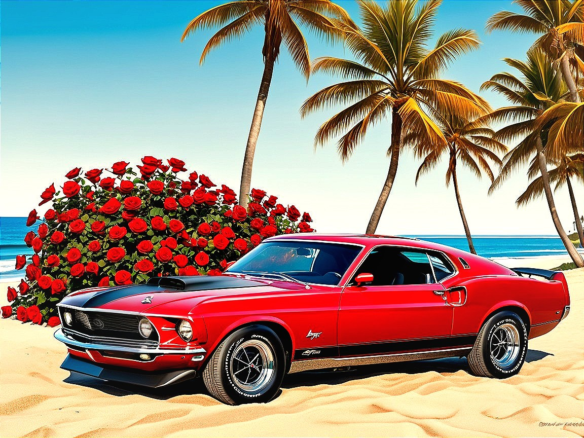 1969 Ford Mustang Mach 1 at a Beach with Palm Trees