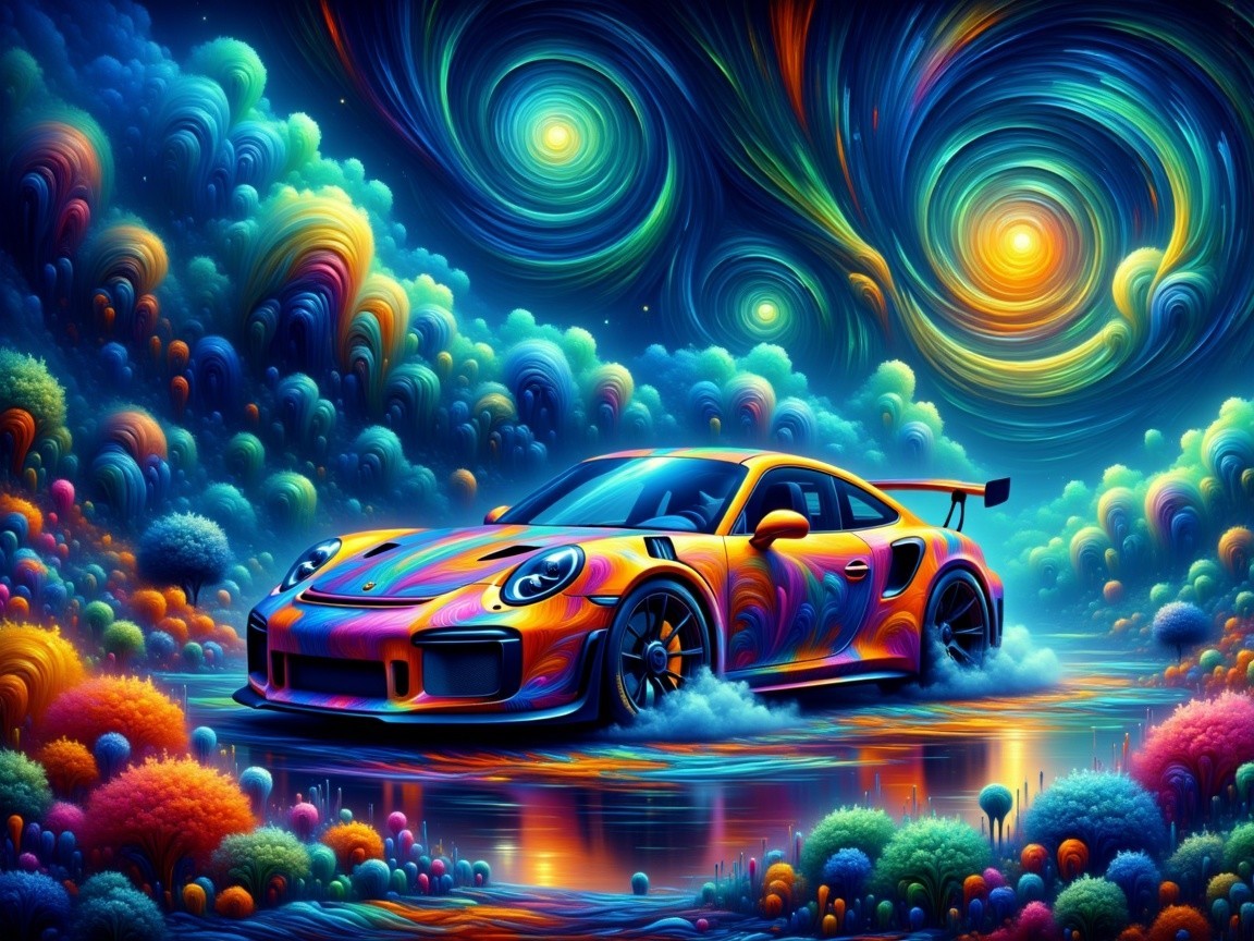Psychedelic Scene with Orange Sports Car in Dreamlike Landscape