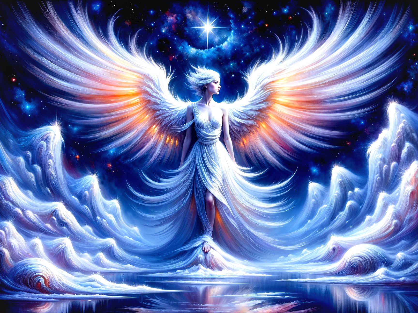 Celestial Figure with Ethereal Wings in Starry Sky