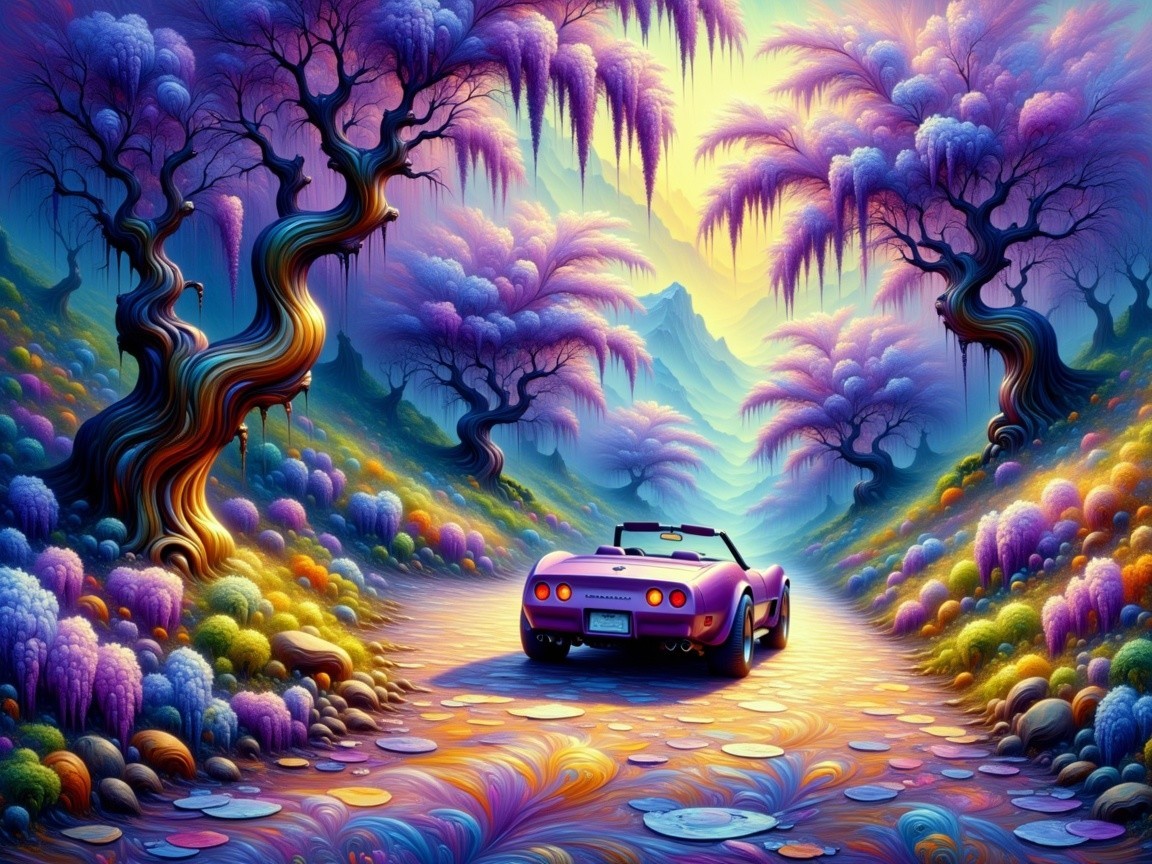 Surreal Landscape with Colorful Trees and Mountains