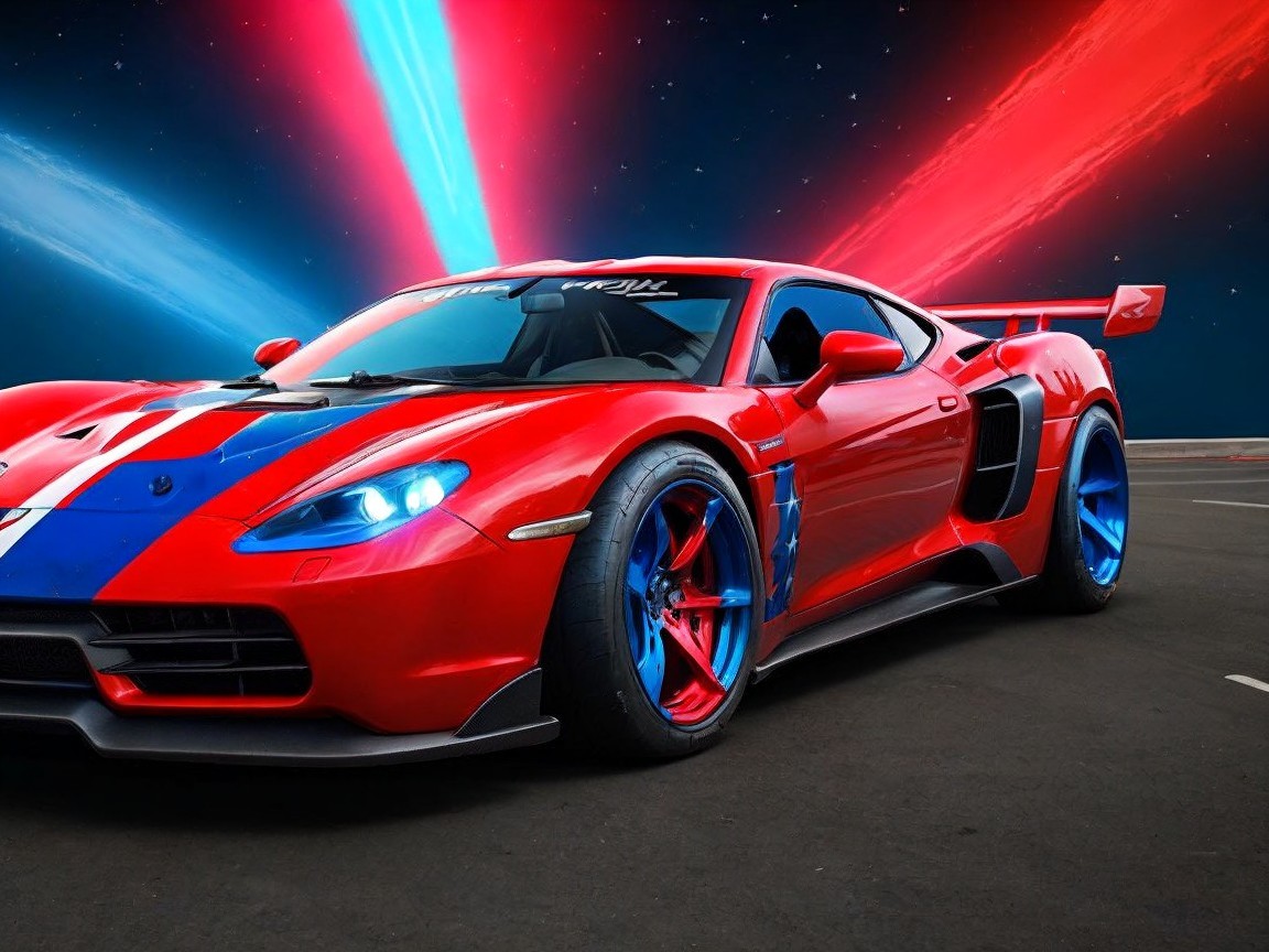Red Sports Car with Blue and White Racing Stripes