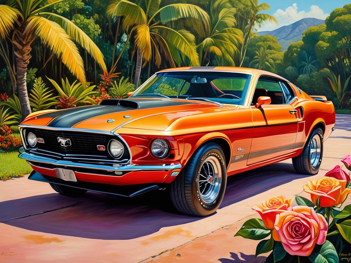 1969 Ford Mustang in Vibrant Orange on Tropical Street