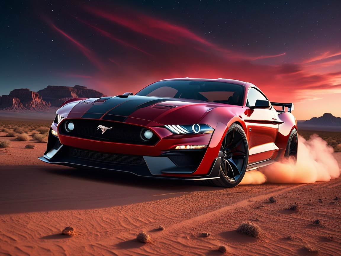 Red Sports Car in Desert with Dramatic Landscape