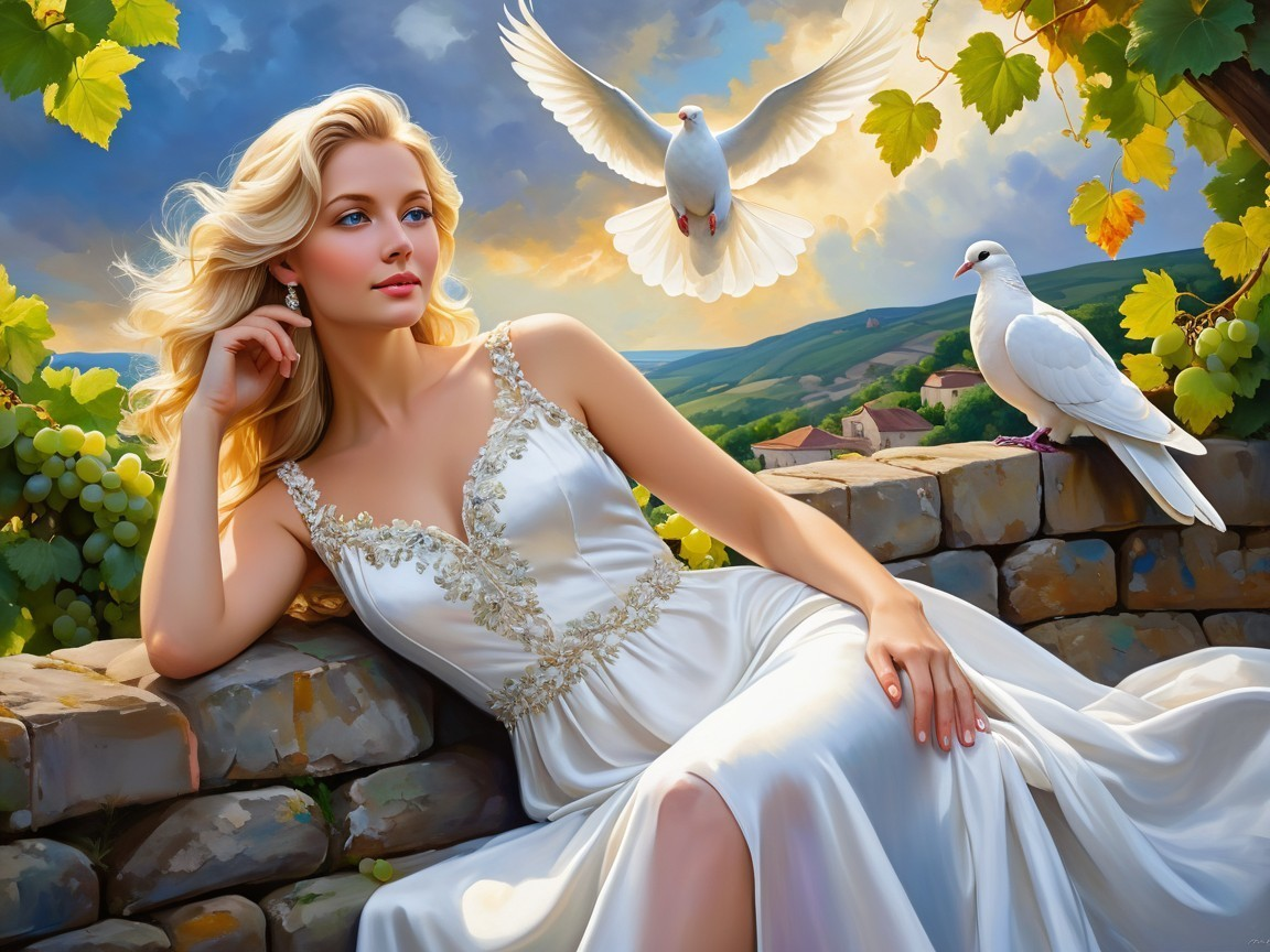 Serene scene of a woman in a white gown with doves