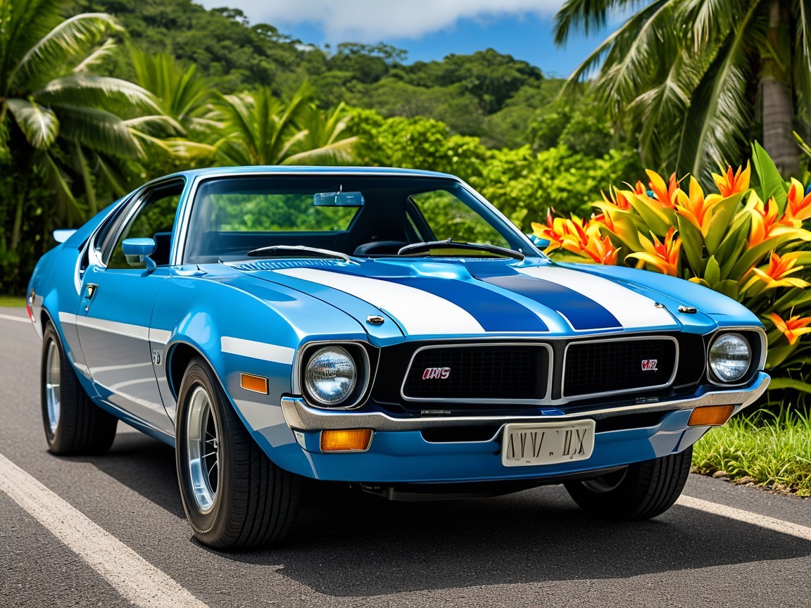 Classic Blue Sports Car on Tropical Road with Greenery