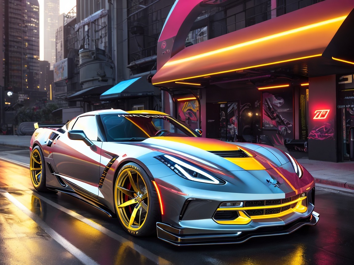 Silver Corvette C7 Stingray in Urban Neon Setting
