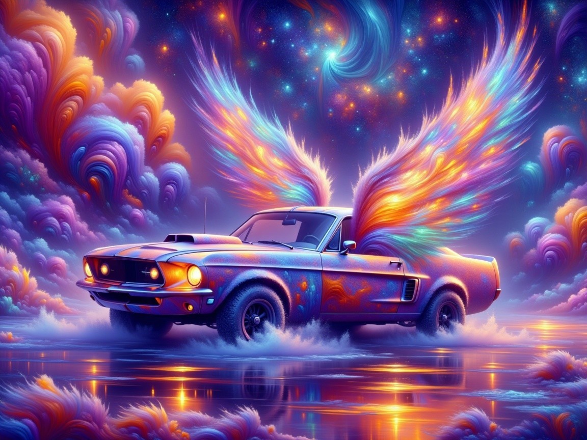 Classic Car with Colorful Wings in Surreal Landscape