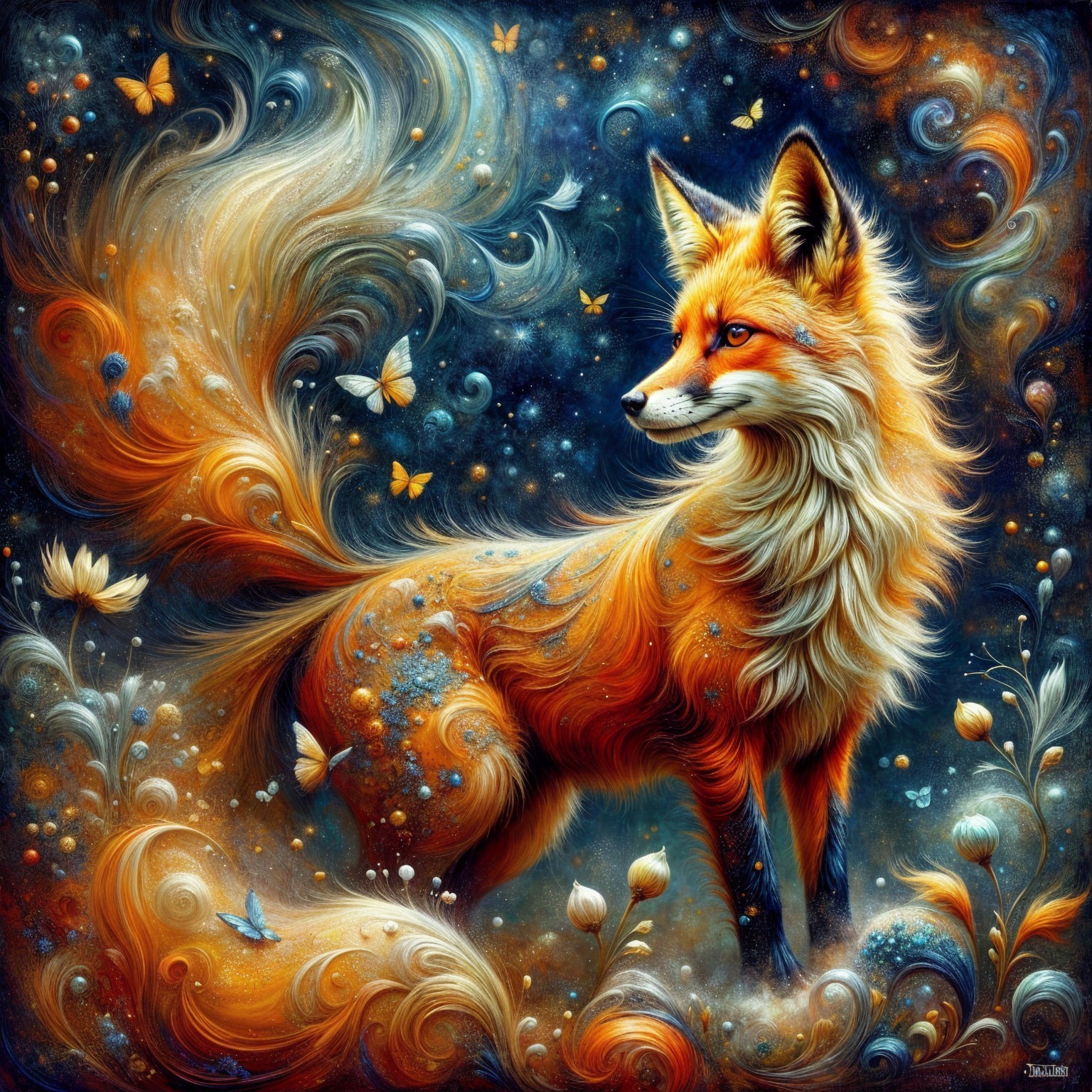 Illustration of a fox with ornate fur and butterflies
