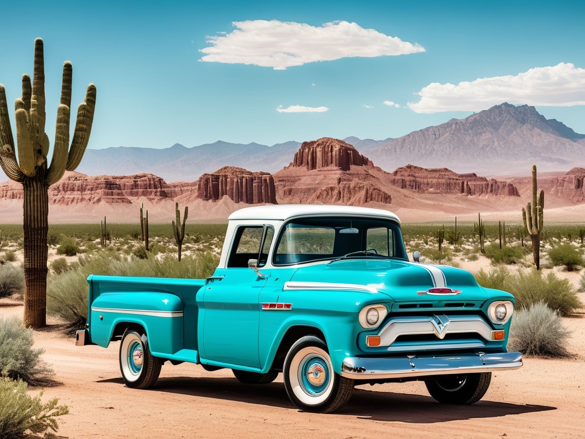 Vintage turquoise pickup truck in desert landscape