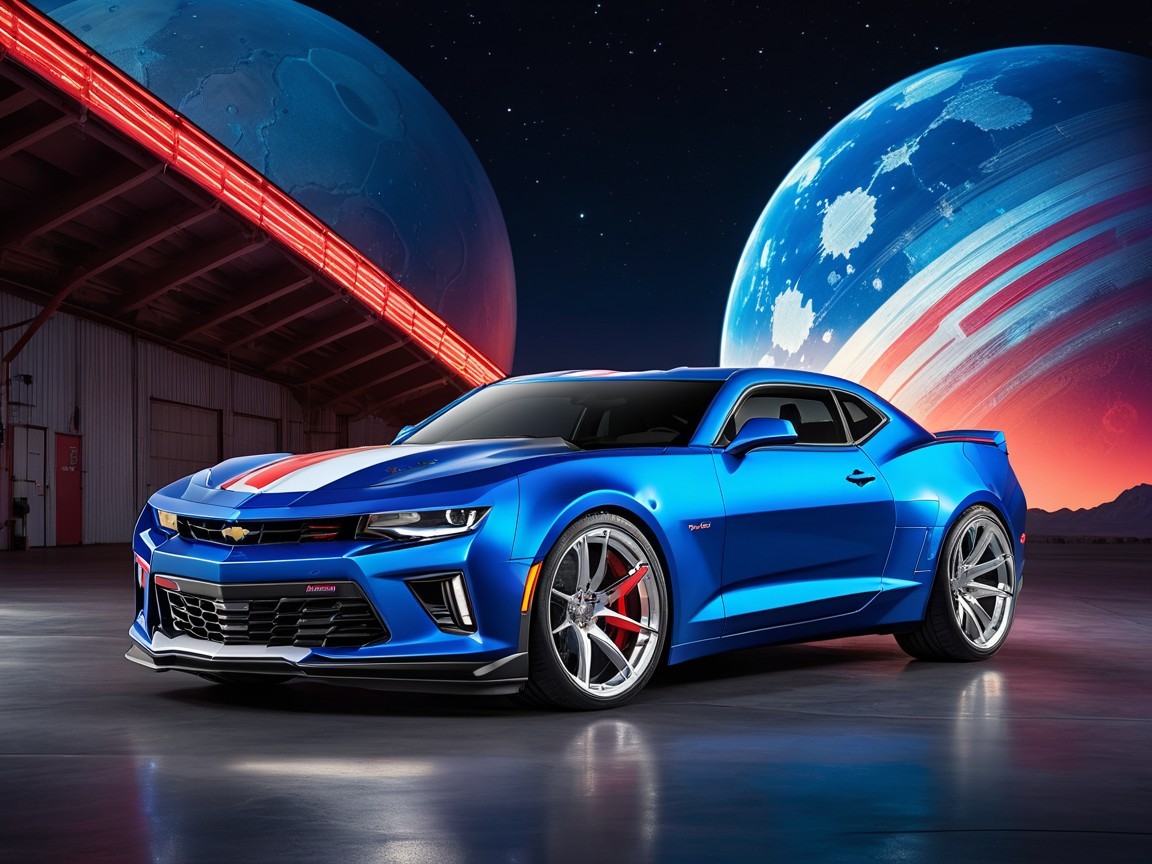 Blue Chevrolet Camaro with Racing Stripes Under Stars