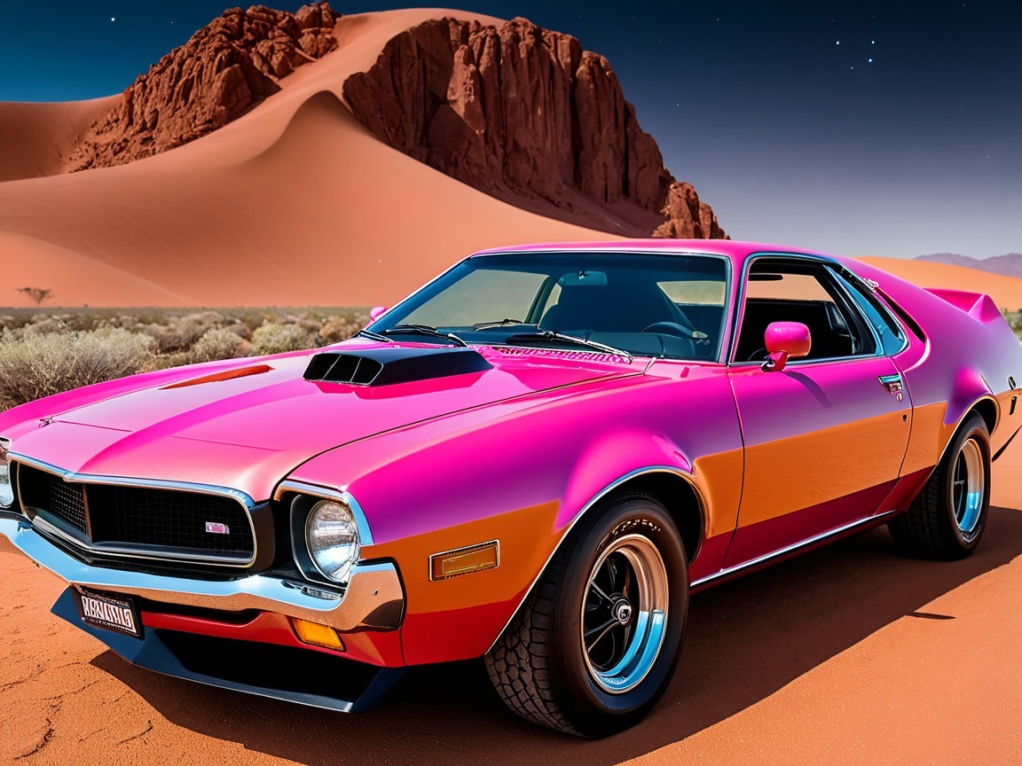 1970s Sports Car Against Desert Landscape at Night
