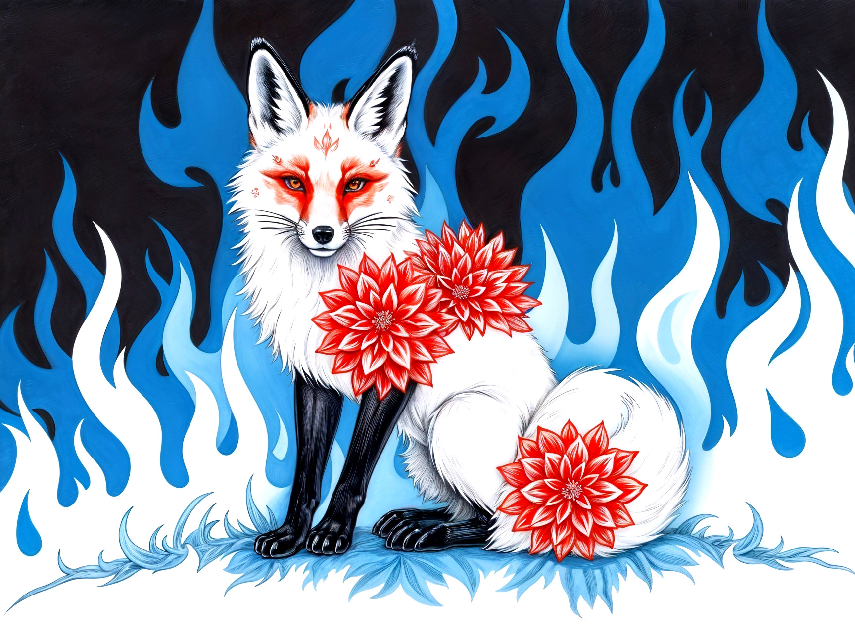 White Fox with Red Markings and Blue Flames