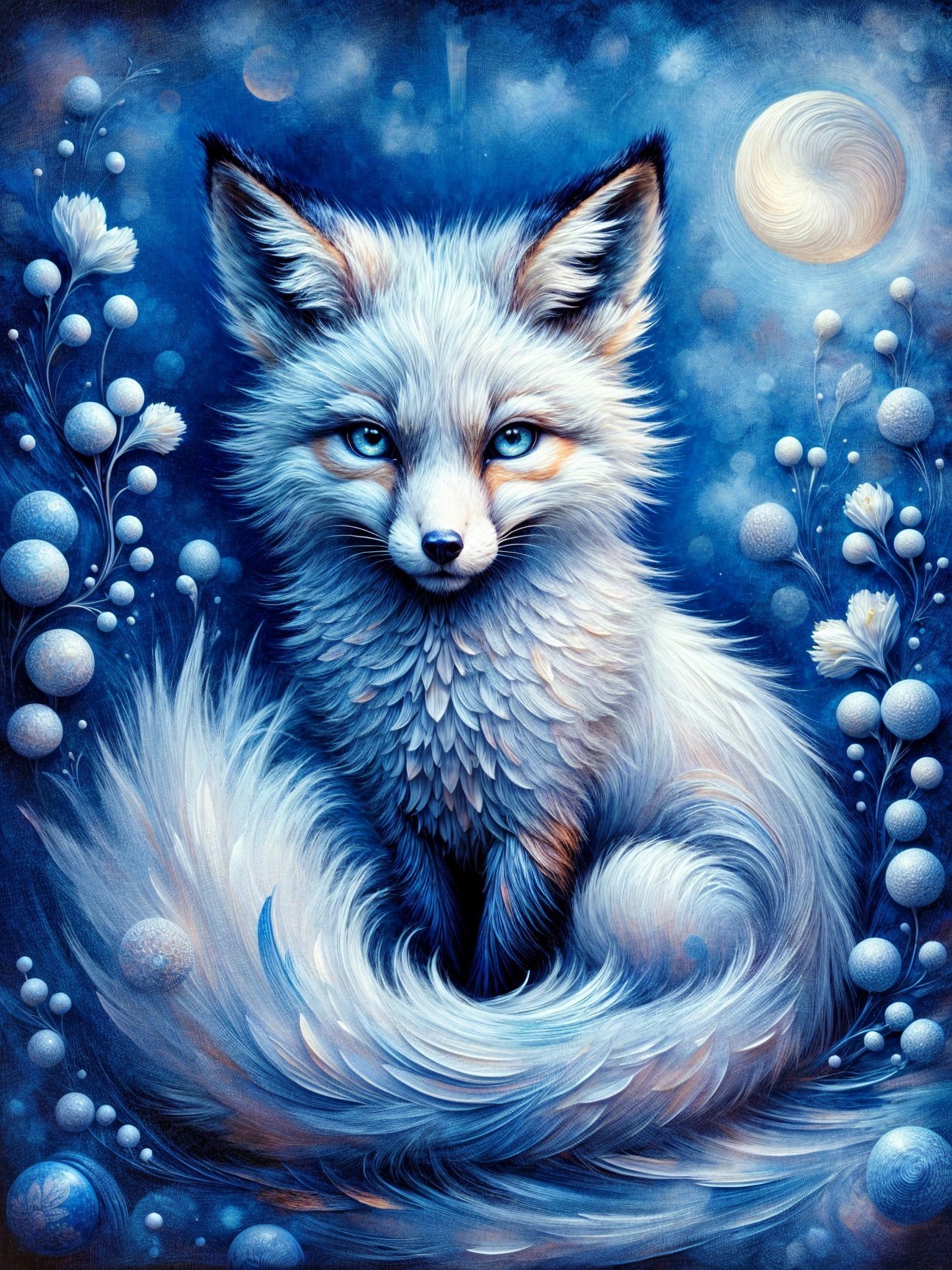 Mystical fox with blue eyes in a dreamy setting