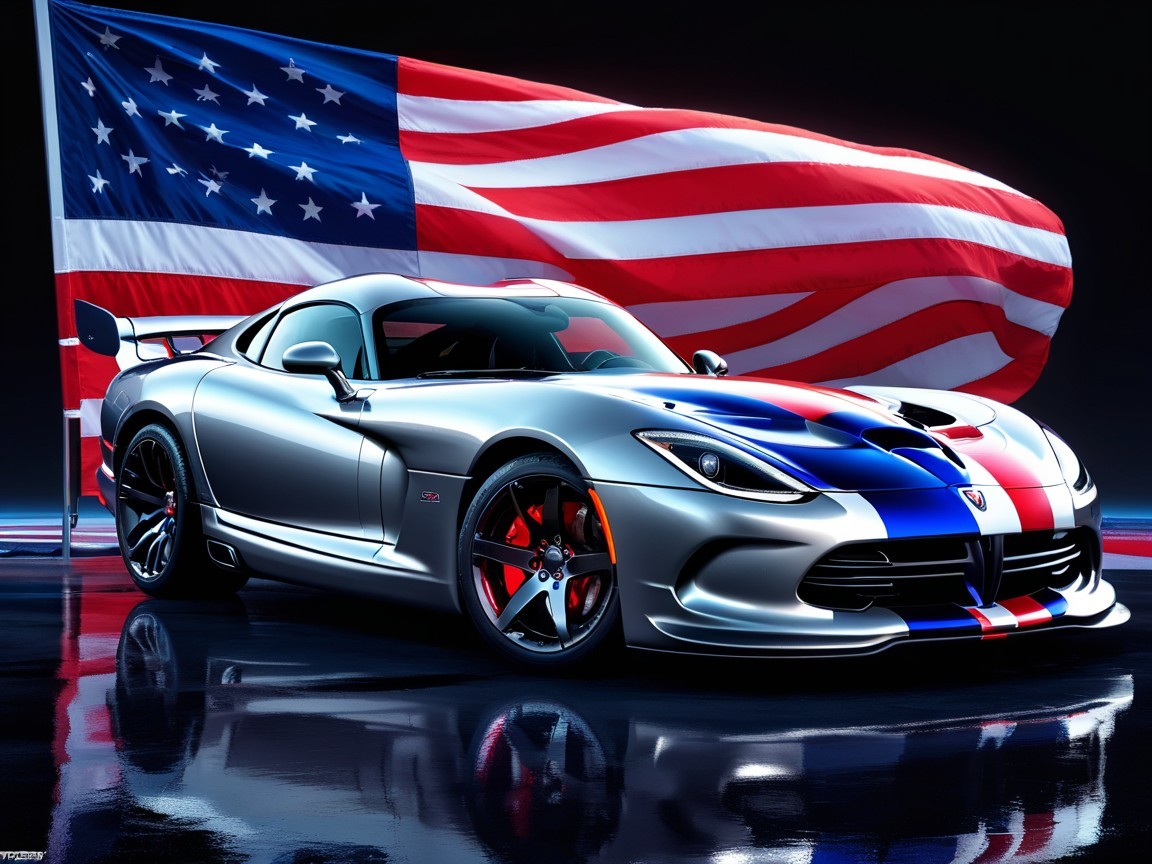 Sleek Silver Sports Car with Red and Blue Stripes