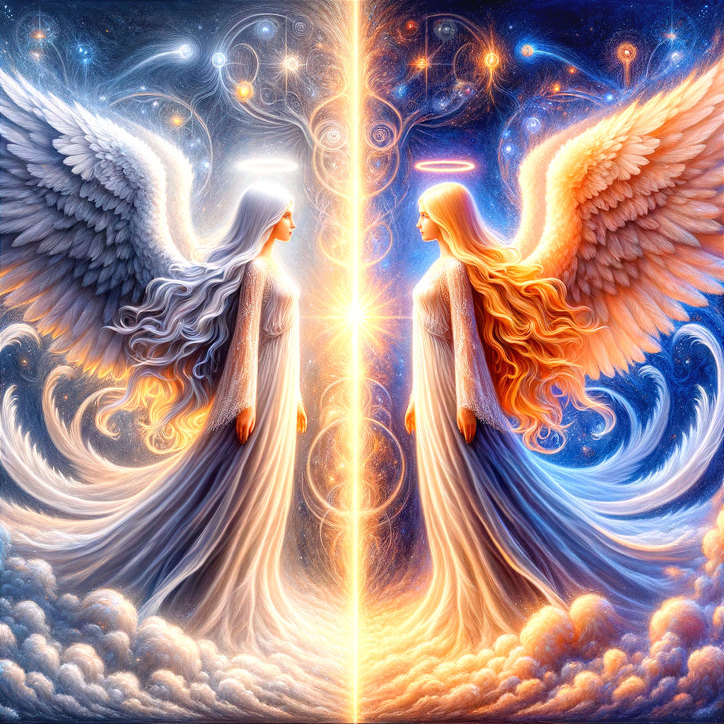 Angels Gazing at Each Other Amidst Celestial Light