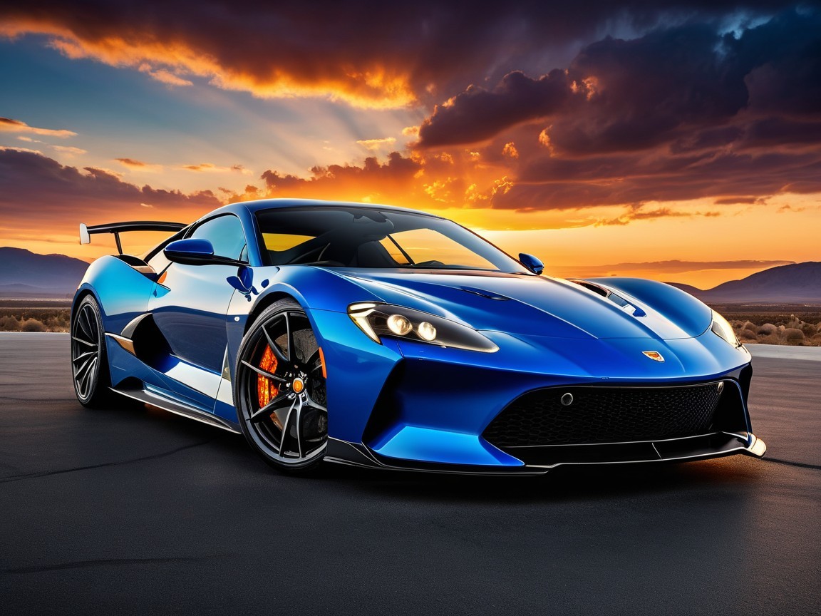 Blue Sports Car with Aerodynamic Design at Sunset
