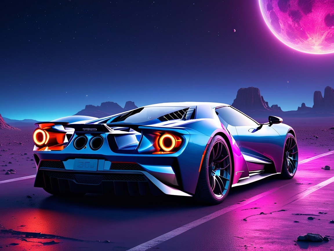 Futuristic sports car in vibrant alien landscape