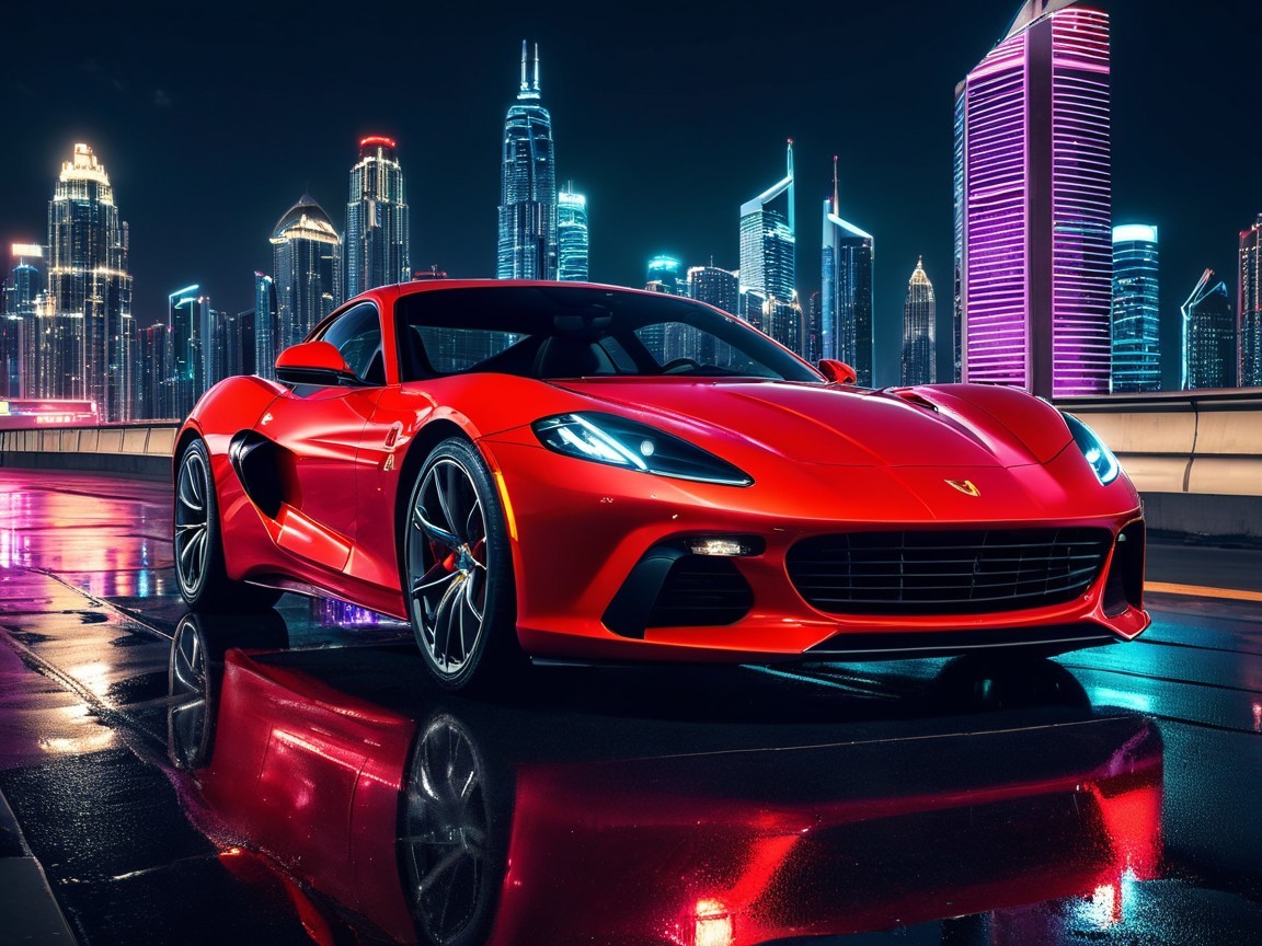 Red Sports Car Against Vibrant City Skyline at Night