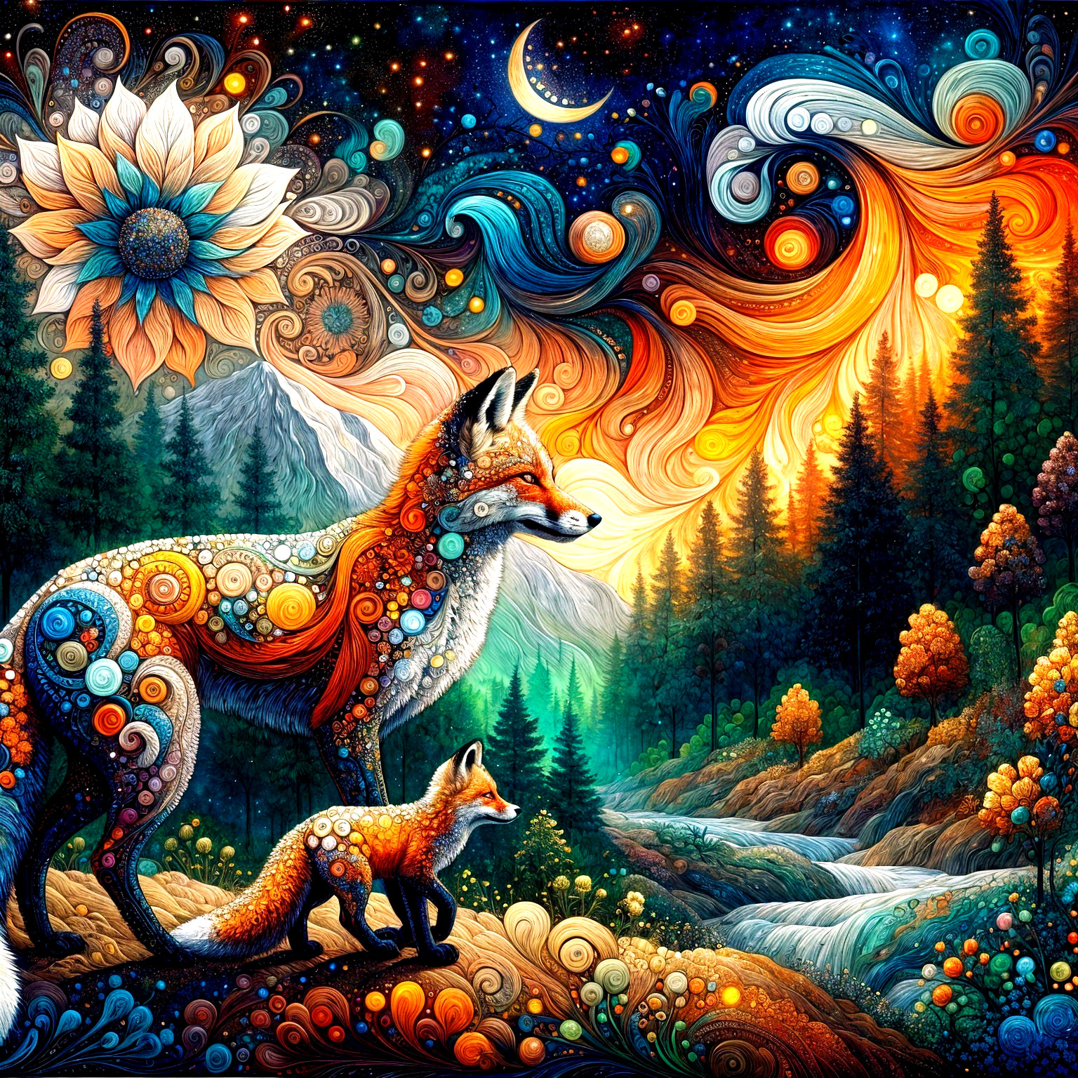 Psychedelic Digital Painting of Foxes in Fantasy Forest