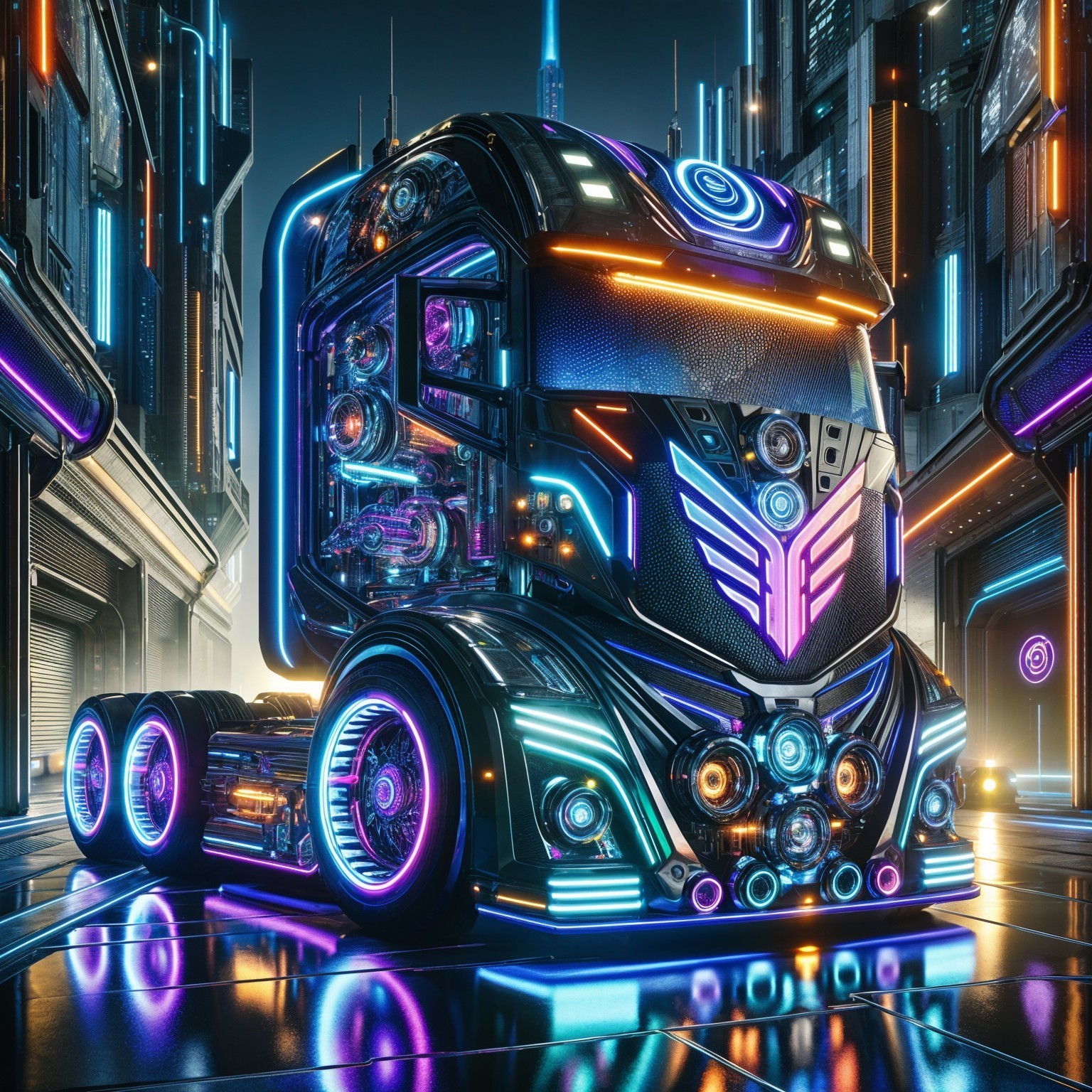 Futuristic Semi-Truck in Neon Cityscape Design