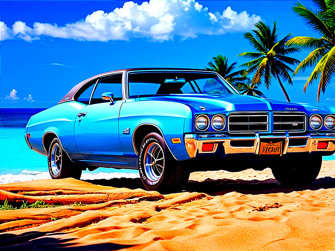 Classic Blue Car on Beach with Palm Trees and Ocean