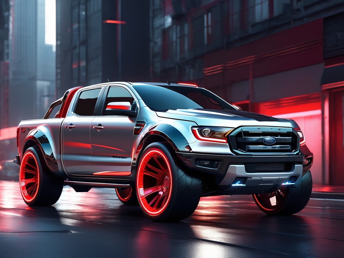Modified Pickup Truck on Neon-Lit Urban Street