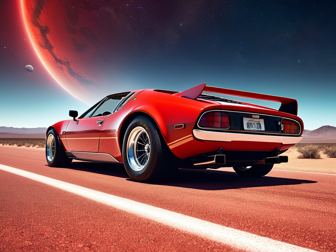 Red Sports Car on Desert Road Under Night Sky
