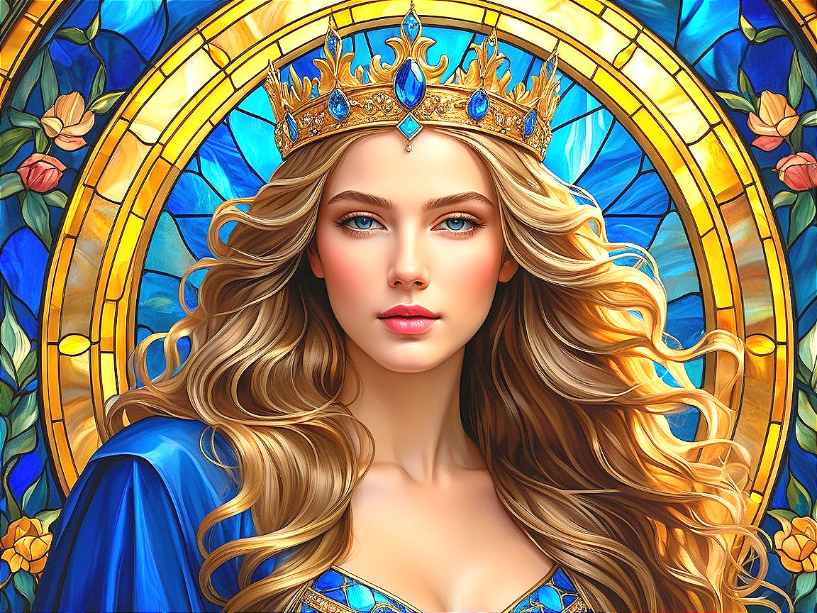 Regal figure in blue gown with stained glass backdrop