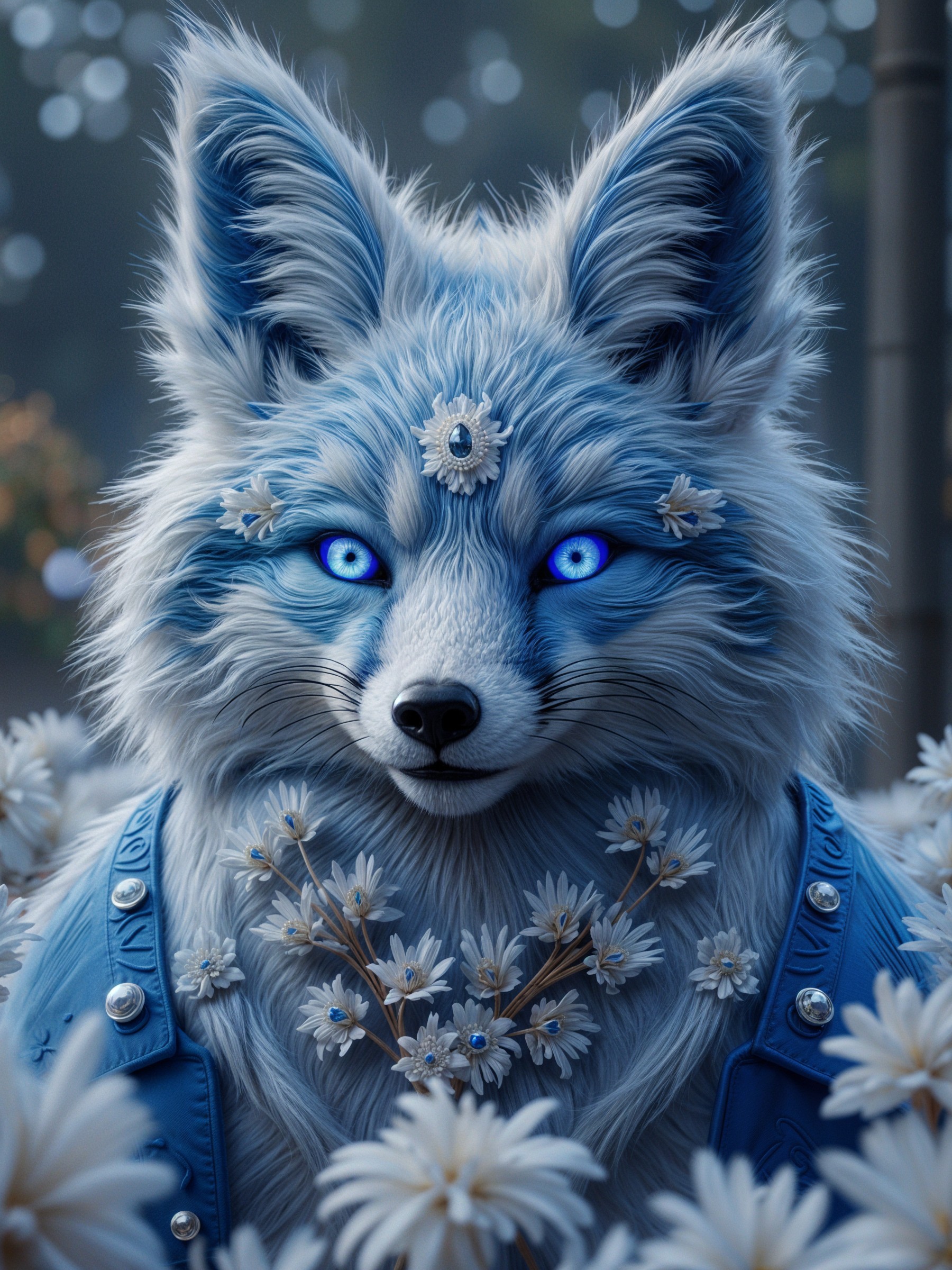 Majestic blue fox in a field of white daisies