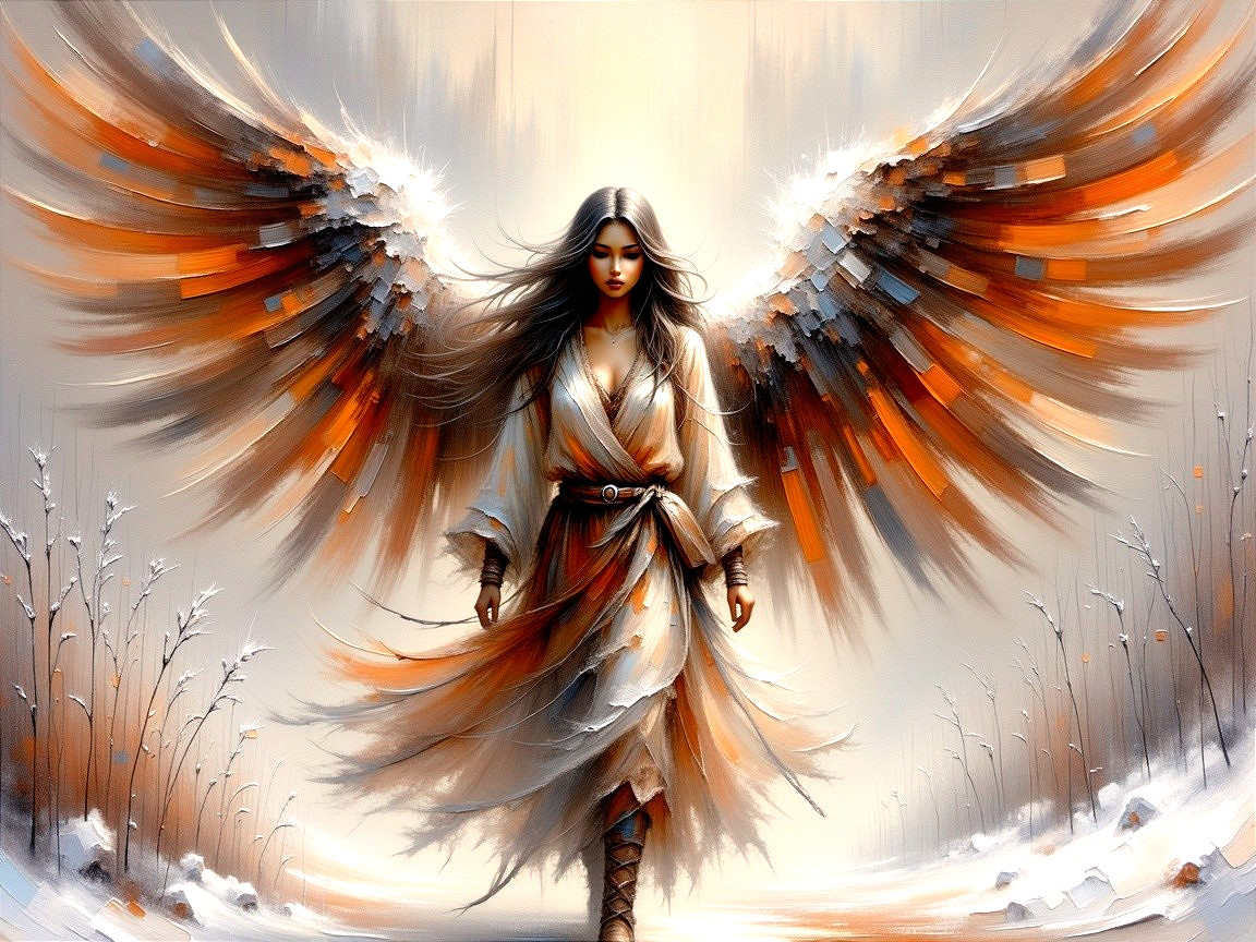 Oil Painting of a Female Angel with Feathery Wings