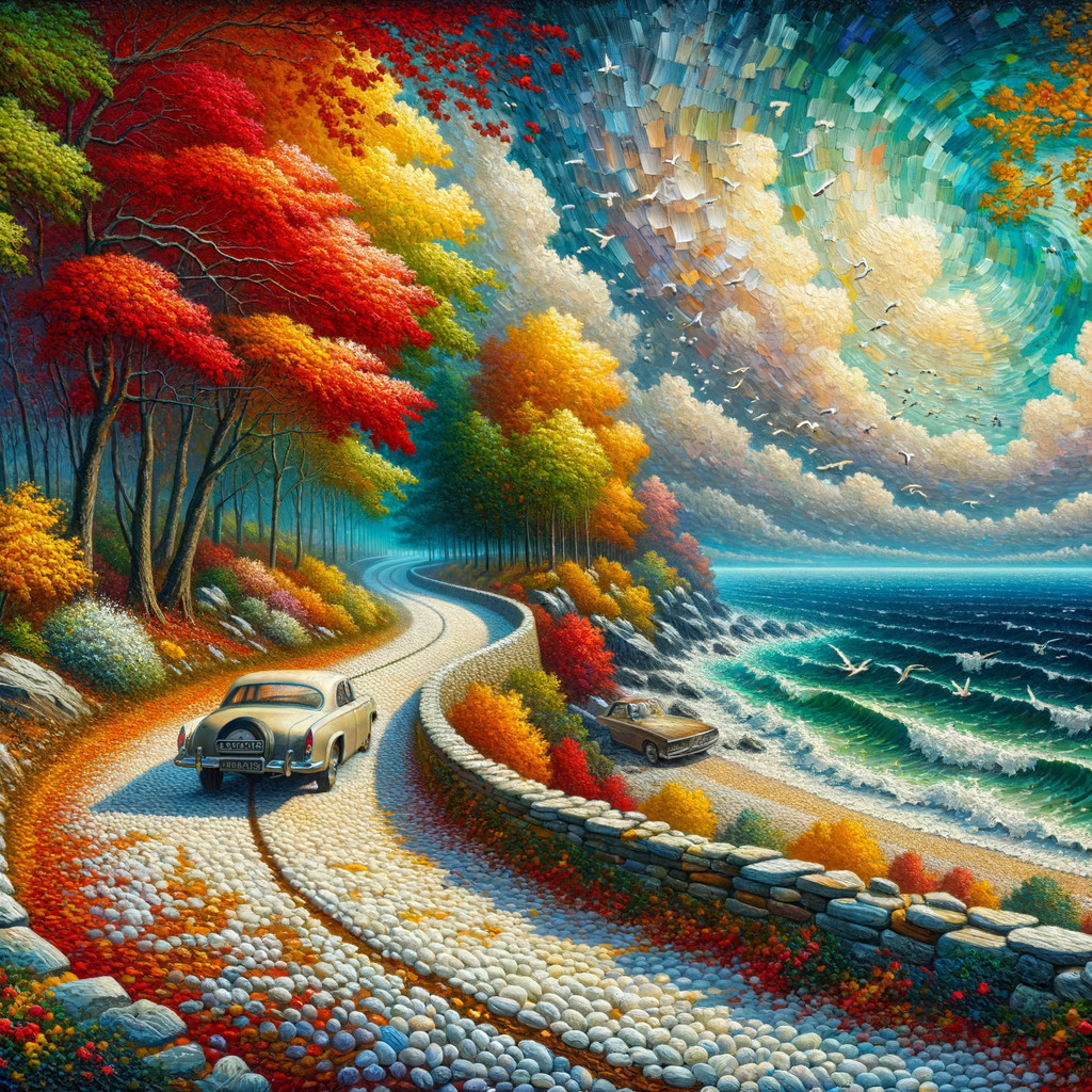 Coastal Road with Autumn Trees and Classic Cars