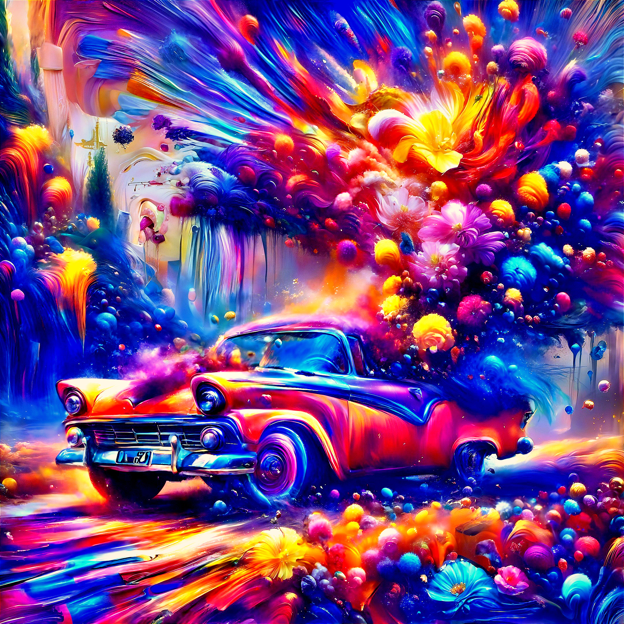 Vibrant Abstract Scene with Classic Car and Flowers