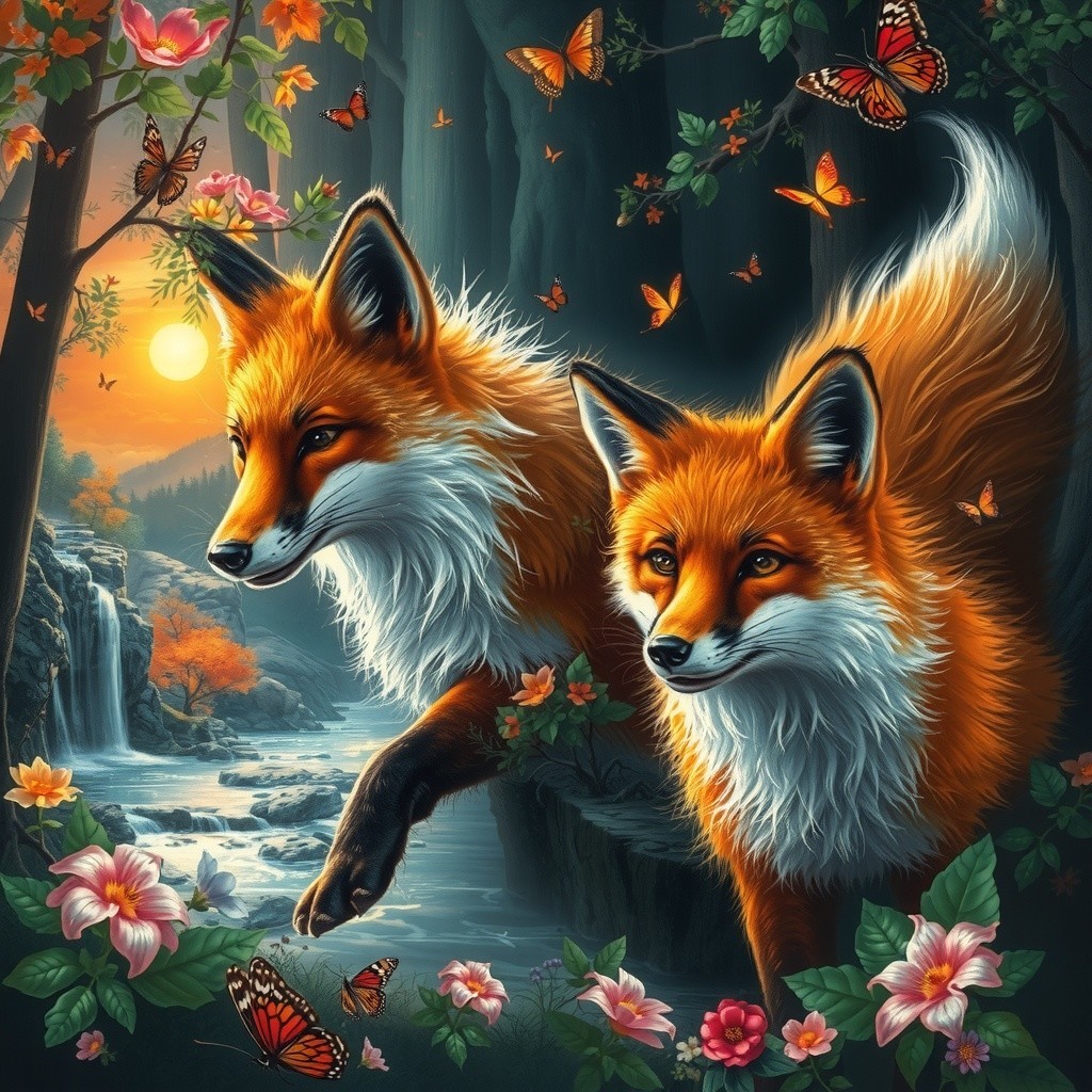 Red Foxes in a Colorful Sunset Landscape by Waterfall