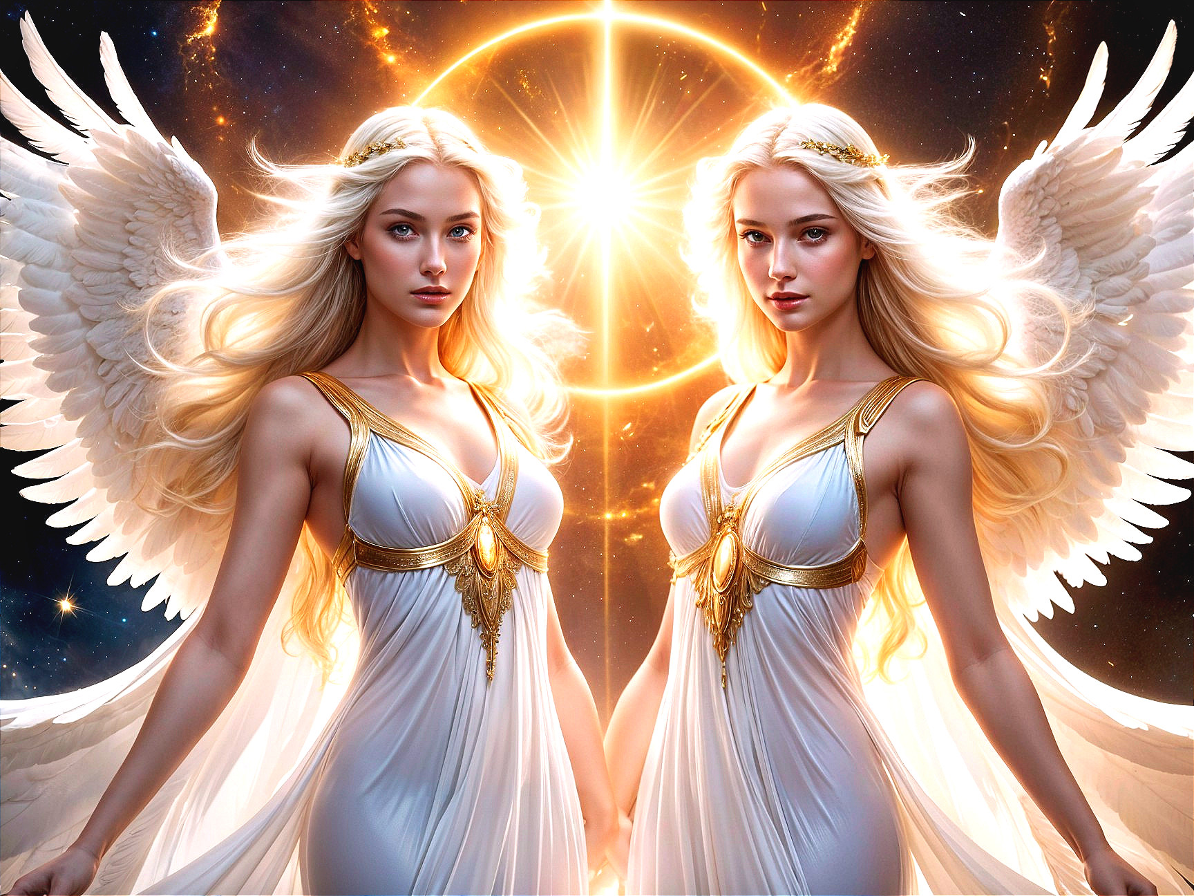 Blonde Angels in Gowns with Wings Against Cosmic Background