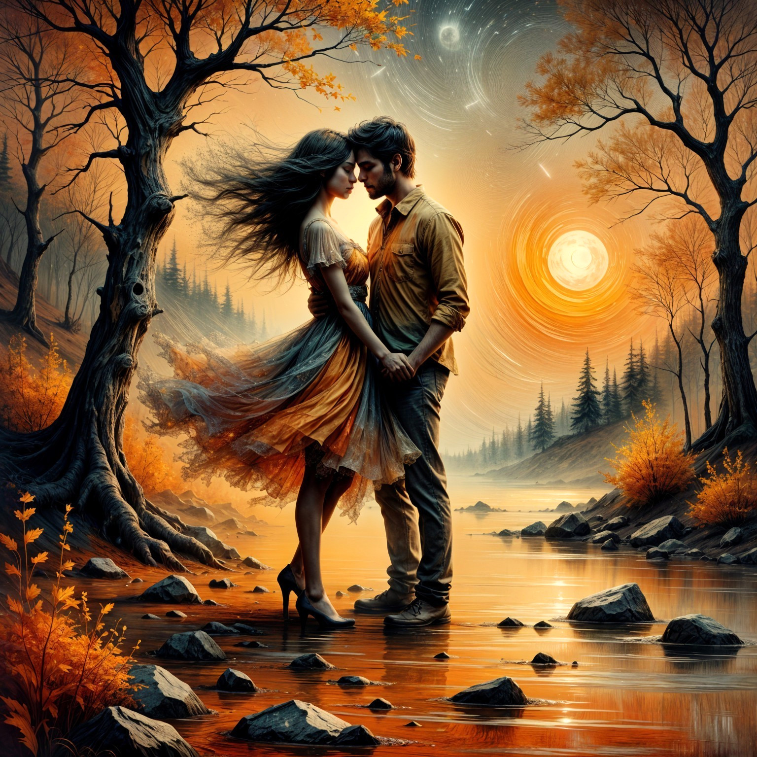 Autumn Landscape with Couple by Serene Lake