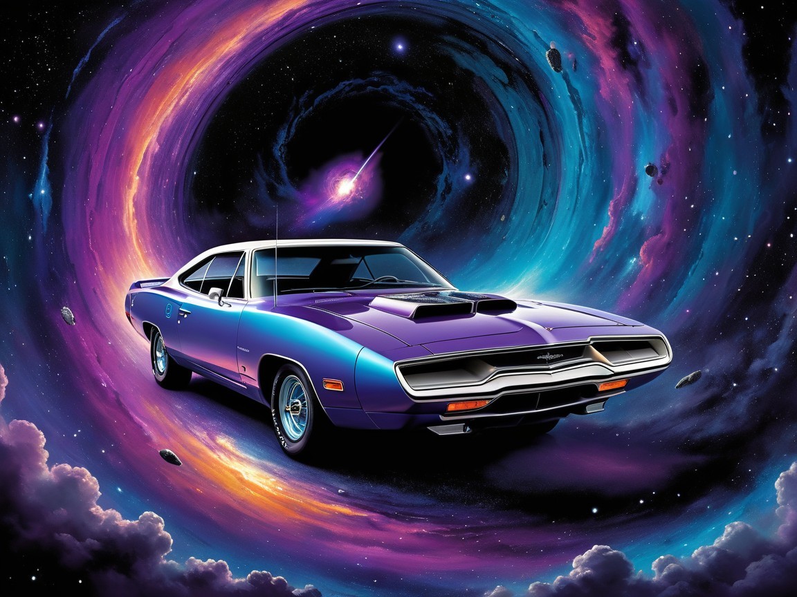 Purple Muscle Car Against Cosmic Nebula Background