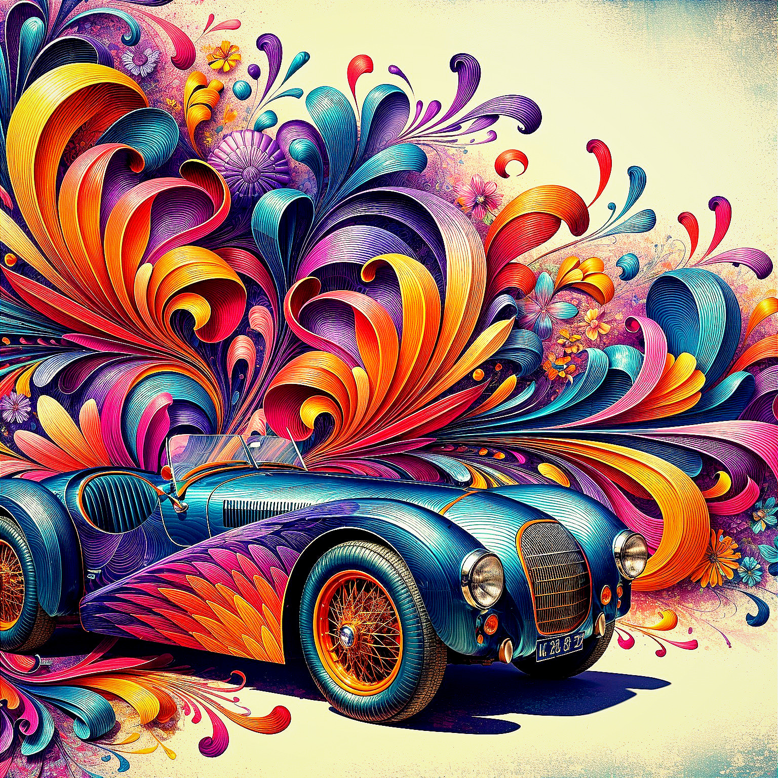 Vintage Car with Colorful Floral and Abstract Patterns