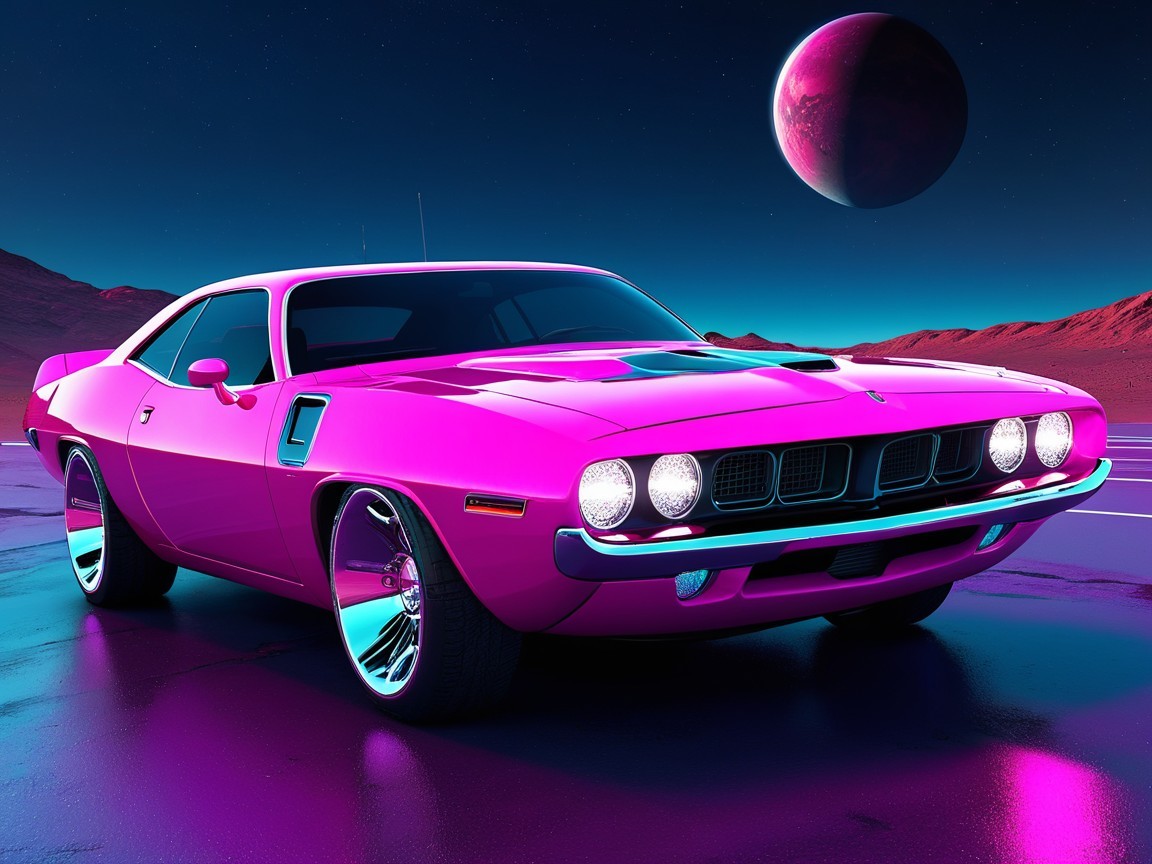 Vibrant Pink Vintage Muscle Car Under Alien Sky