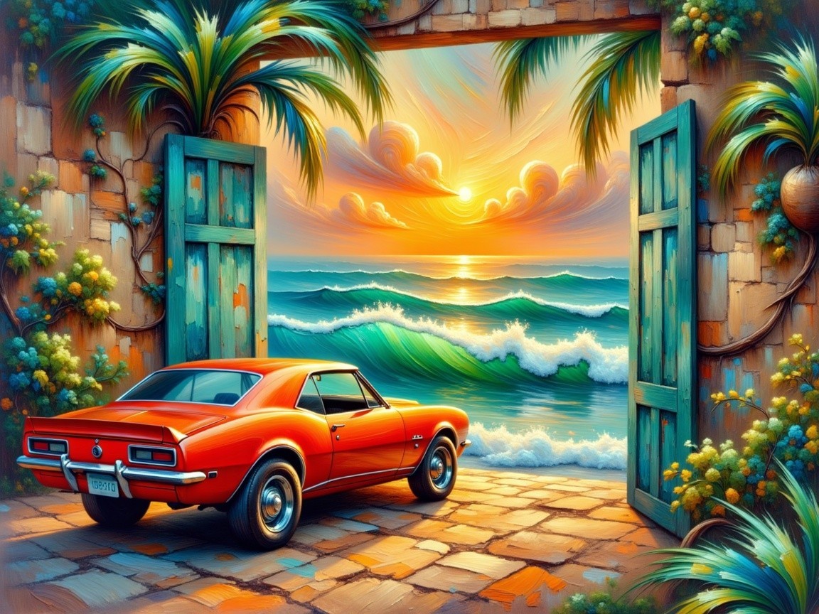 Classic Red Car by Serene Sunset Ocean Gate