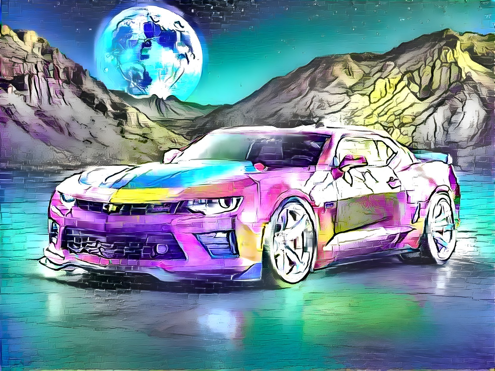 Digitally Stylized Chevrolet Camaro in Surreal Landscape