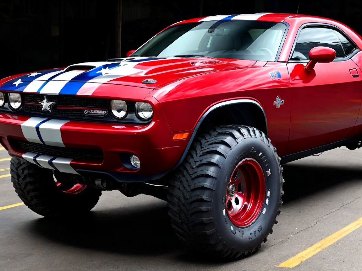 Vibrant Red Vehicle with Bold Stripes and Rugged Design