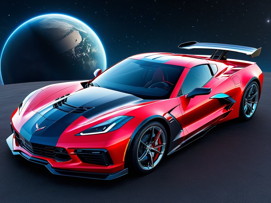 Sleek Red Sports Car in Futuristic Planetary Setting