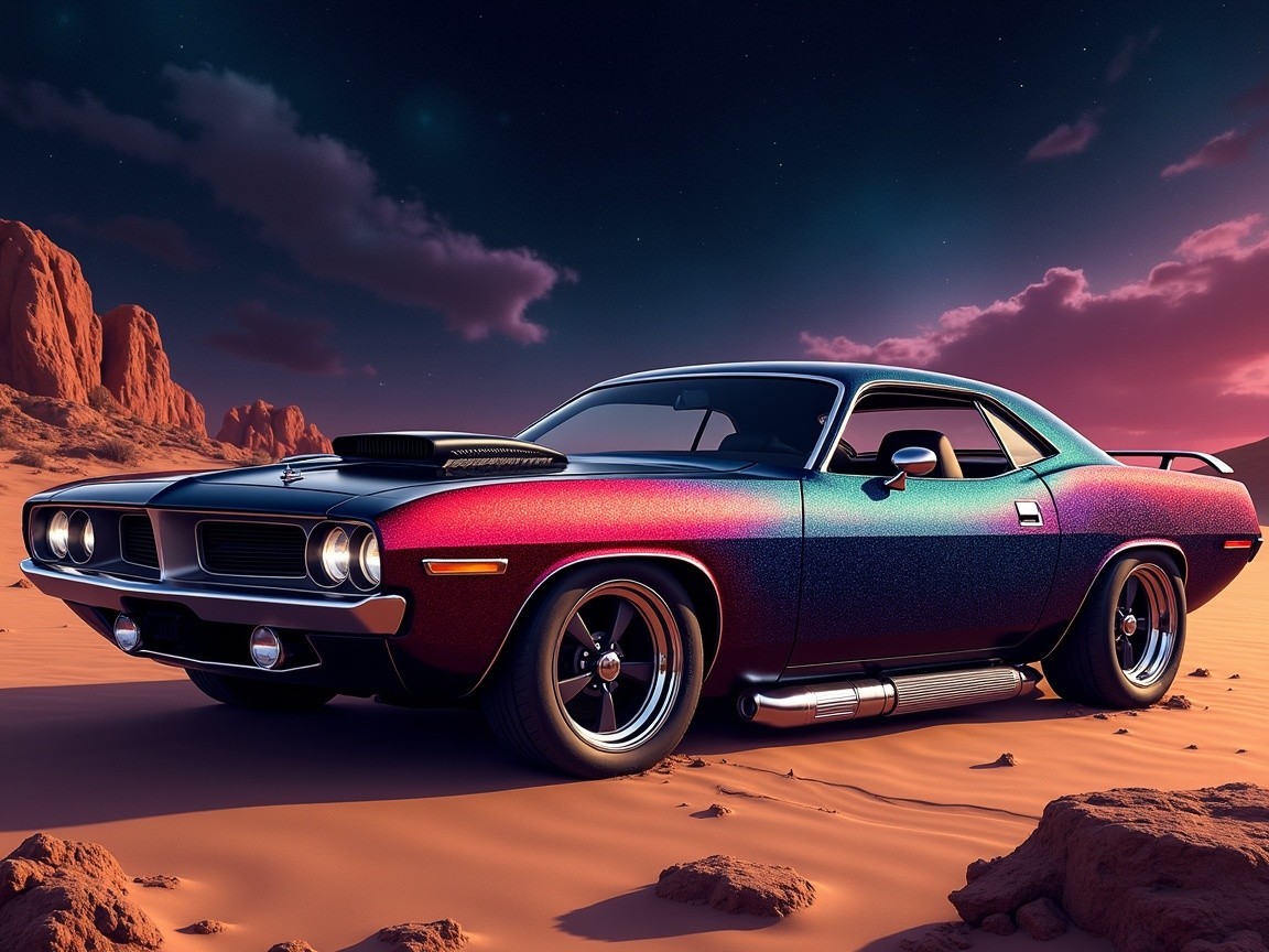 Classic Muscle Car in Surreal Desert Sunset Scene