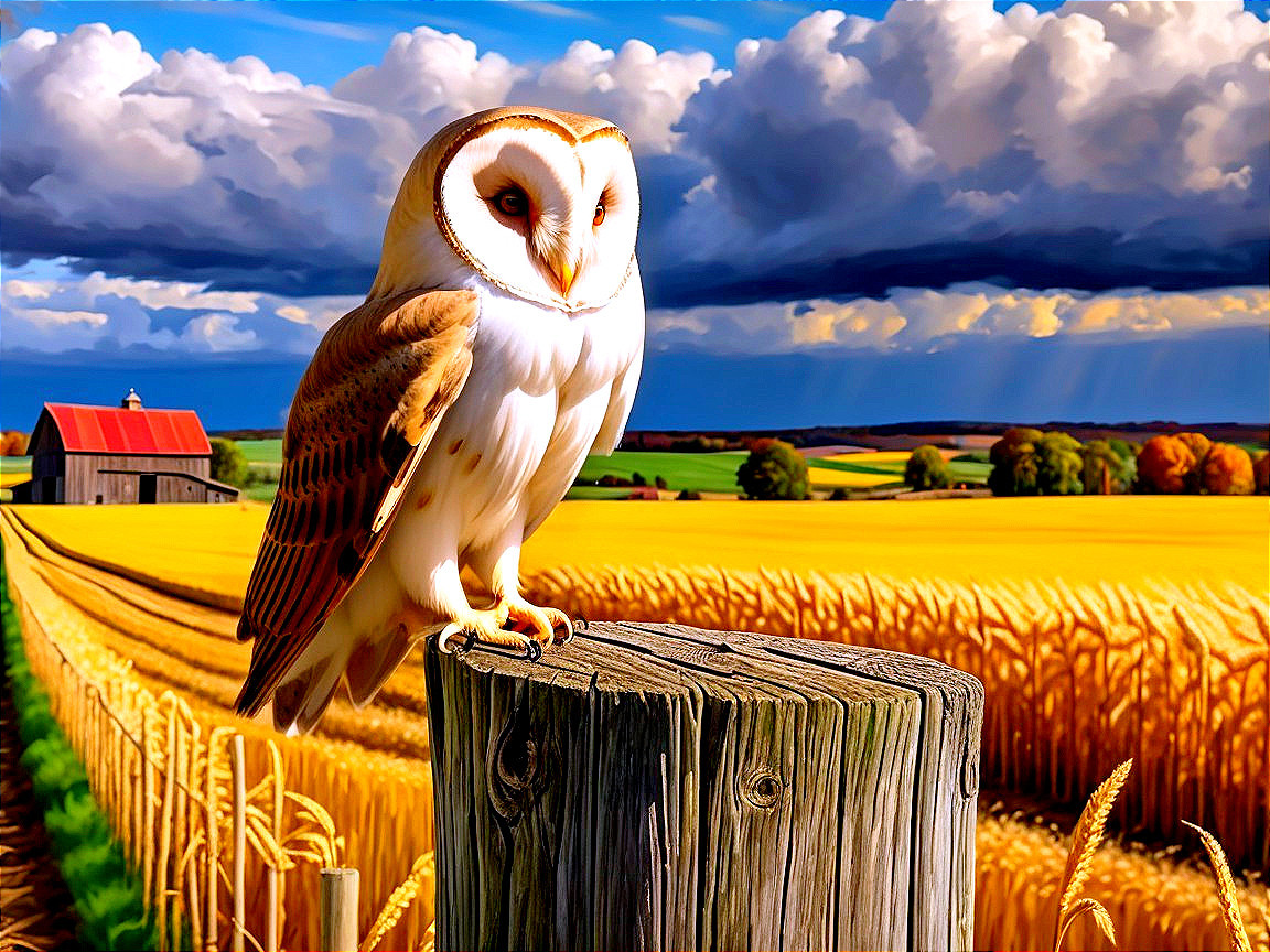 Barn owl on wooden post in golden wheat field